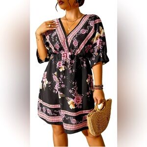 Women's Plus Size Boho Floral Print High Waist V Neck Flared A Line Short Dress